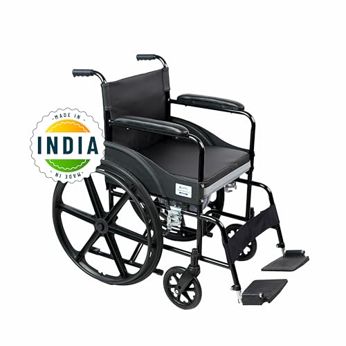 Image of VMS Careline Deluxe Foldable Commode Wheelchair | Built-In Commode | Mag & Castor Wheels | PVC Seat | Easy to Clean | Smooth Maneuverability