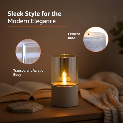 Image of amazon basics LED Pillar Candles, Set of 3 (7.5X10 CM, 7.5X12.5 CM, 7.5X15 CM), Clear Glass & Cement Base, Warm White Flickering Flame, Remote Controlled, Flameless Battery Operated Pillars