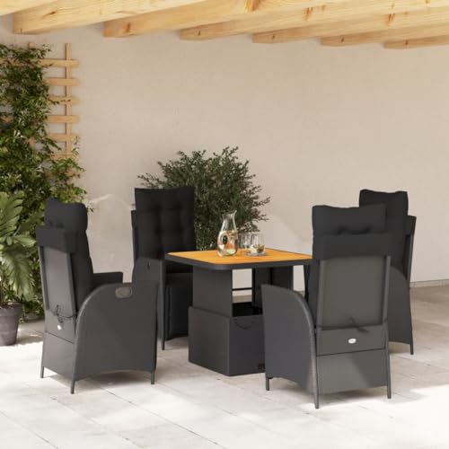 Yunovire 5-TLG. Garten-Essgruppe Schwarz Poly Rattan, verstellbare Relaxsessel, höhenverstellbarer Tisch, Bequeme Kissen, für Balkon, Terrasse, Garten, langlebiges Outdoor-Möbelset
