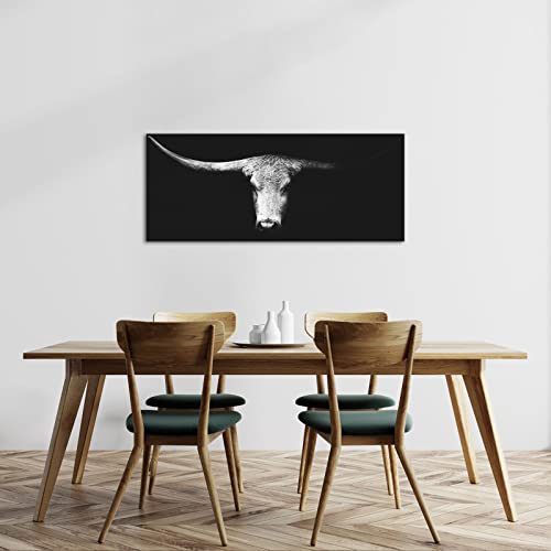 Levvarts Large Size Longhorn Cow Canvas Wall Art Black And White Western Cattle Portrait Photo Painting Artwork For Man Cave Home Office Living Room Decor 20 Inchx48 Inch thumb #1