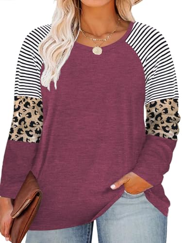 Plus Size Tops for Women Long Sleeve Tunic Leopard Print T-Shirt Wine-Red 18W