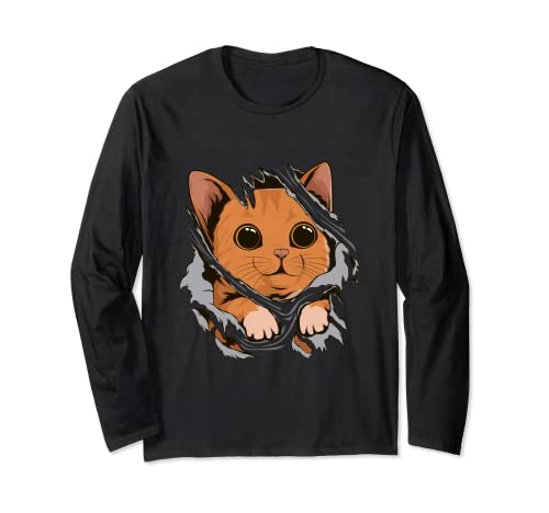 Cat From Inside Torn Apparel Kitten Cat Long Sleeve T-Shirt, Black