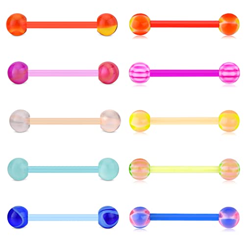 Funseedrr 10pcs Piercing Lengua Pezon Silicona Flexible 14G 16mm Recto Barras Pezon Anillo Lengua Piercing Joyas