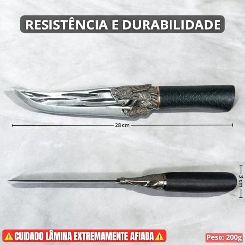Faca Tática Dragão com Lâmina Inox Afiada e Bainha de Couro Resistente, Cabo Ergonômico Escamado, De