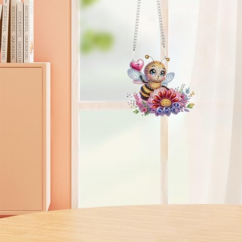 Image of AiYuanzsh Diamond Art Hanging Kits for Adults, Bee Flower Special Shaped Crystal Diamond Painting Acrylic Ornament, DIY Diamond Art Window Suncatcher Pendant for Home Wall Decor Gift