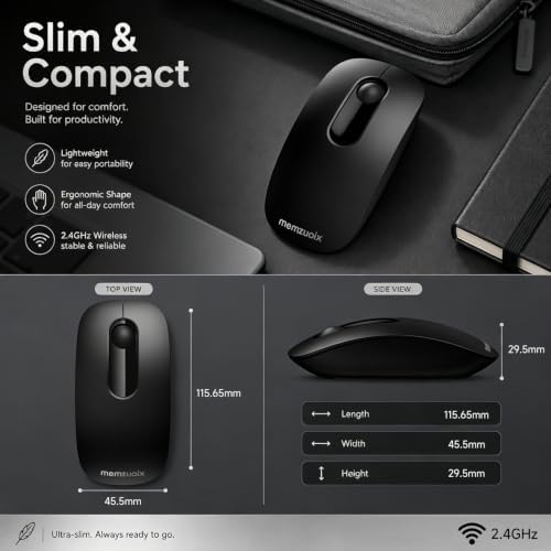 memzuoix 2.4G Wireless Mouse, Silent Mouse 1600DPI for Laptop PC(Black) - 2
