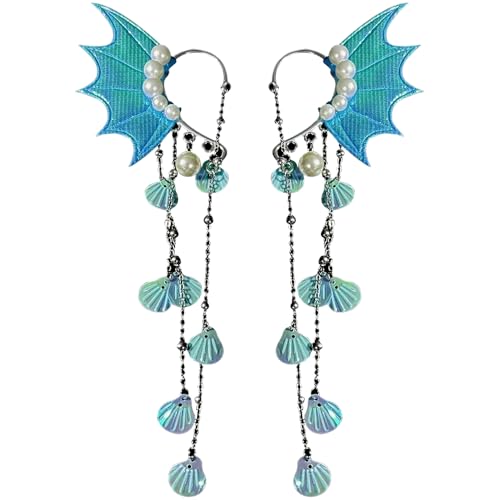 2PCS Dainty Ear Cuffs Clip-on Earring for Women, Fins Shaped Ear Cuffs Non-Piercing Earrings Rhinestone Marine Organism Tassel Ear Bone Clip without Pierced