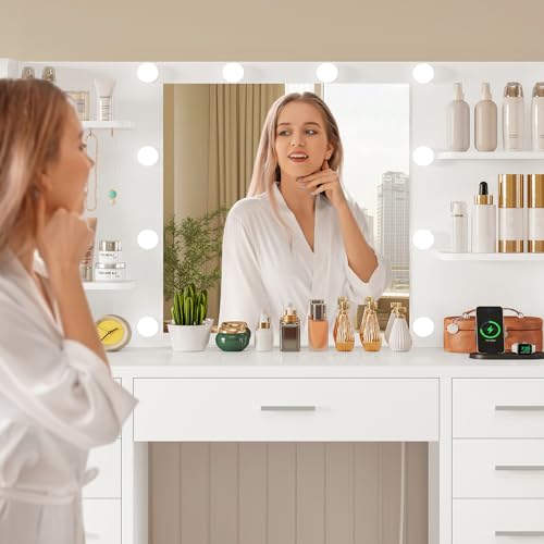 Image of FIONESO Large Vanity Desk with Mirror and Lights, Makeup Vanity with 11 Drawers & 6 Open Shelves, 3 Lighting Modes, Brightness Adjustable, Vanity for Girls, White