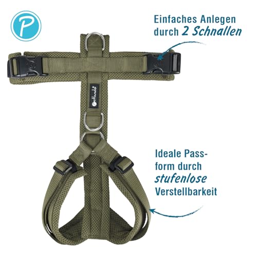 Petlando Hundegeschirr gepolstert, Mesh Y-Comfort, weich, stufenlos verstellbar, besonders leicht & atmungsaktiv, fellschonend, ergonomisch, Brustgeschirr für mittelgroße Hunde, Olive, M