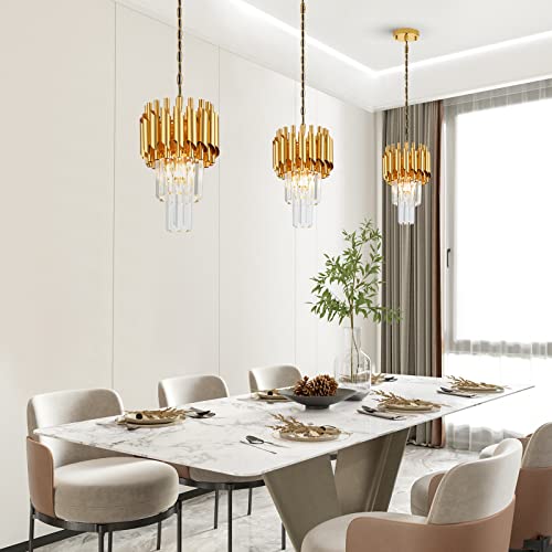 Brfaixla 1 Pack Gold Crystal Pendant Light 7.88" Modern 2-Tier Contemporary Round Crystal Hanging Ceiling Light For Dinning Room Kitchen Island Bedroom Laundry Room Foyer Entryway, E26 #TOP6
