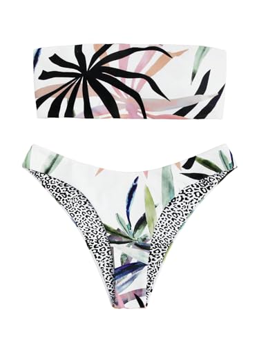 GORGLITTER Women's Strapless Bandeau Swimsuits Tropical High Cut Thong Cheeky Bikini Set Bathing Suit