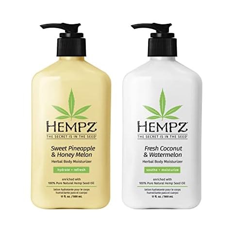 HEMPZ Body Lotion - Sweet Pineapple & Honey Melon + Coconut & Watermelon Daily Moisturizing Cream, Shea Butter, Aloe, Orange Extract Body Moisturizer - Skin Care Products, Hemp Seed Oil - 17 fl oz, 2-Pack Bundle Cover