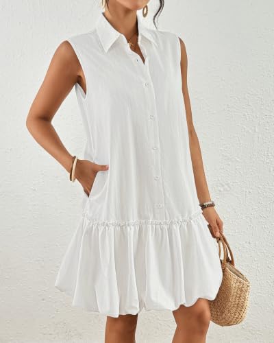 Image of Bsubseach Womens Casual Summer Dresses Sleeveless Linen Bubble Mini Short Dress Button Down Shirt Sundress with Pockets