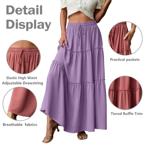 Image of Lepunuo Womens Casual Boho High Waisted Flowy Maxi Skirts Tiered Floral Long Skirts with Pockets for Summer Beach Vacation
