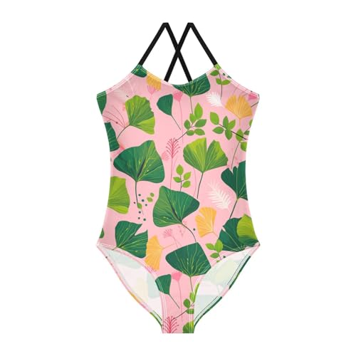KLL Hand Painted Ginkgo Leaves Girls 1-Piece Bathing Suit Beach Swimwear Adjustable Strap UPF 50+