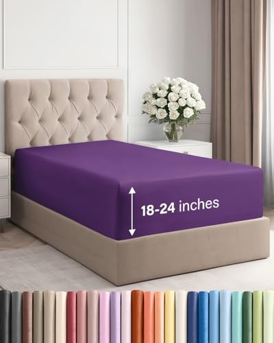 Image of Deep Twin XL Fitted Sheet - College Dorm Room Essentials - Purple | Easily Fits 18 inch to 24 inch Mattress, Wrinkle Resistant, Soft, Breathable & Comfy, Extra Deep Pockets Fitted Sheet