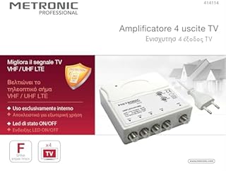 Metronic 414114 Amplificatore TV Vhf/Uhf per Digitale Terrestre con Filtro Lte, Vhf 20Db e Uhf 28Db Regolabili, 1 Ingresso/4 Uscite, da Interno, Bianco