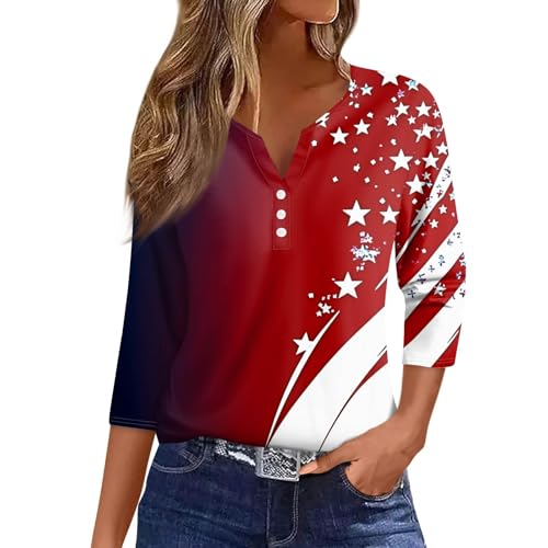 Image of 4th of July Shirts Women 3 /4 Length Sleeve Womens Tops Henley Neck Casual Patriotic T Shirts