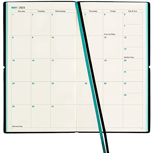 2023 Planner/Pocket Calendar: 14 Months (Nov 2022 - Dec 2023) Weekly, Monthly Calendars, Leather Material, Elastic Closure, Decorative Stitching, Page Finder Ribbons And Notes Pages (Blue/Black) #TOP2