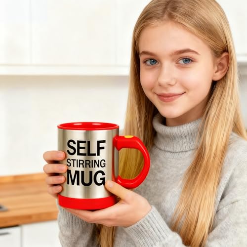 JTOOYS Self Stirring Coffee Mug, Stainless Steel Electric Coffee Mug with Lid 450ml for Coffee Tea Hot Chocolate Milk and Cocoa (Red, Batteries Not Included) - Image 5
