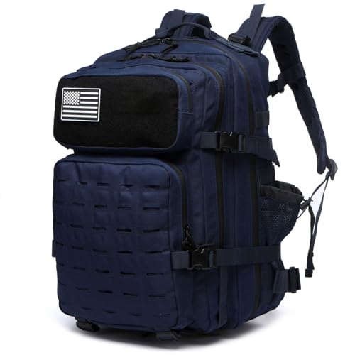 Thuram 50L Tactical Military Backpack Waterproof Sturdy Bag for Hiking Camping Fishing Gym Backpack with Bottle Holder (Navy)