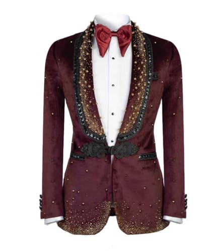 Men's Luxury Velvet Blazer Burgundy with Gold Rhinestones Shawl Lapel Dual Vents