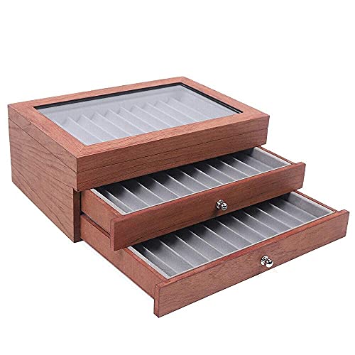 Dnysysj Pen Display Box 3 Layer Ebony Wood Pen Display Case With Glass Window & Drawer,34 Pen Organizer Box Fountain Pen Storage Box, Crochet Hooks Organizer Collection Box #TOP1