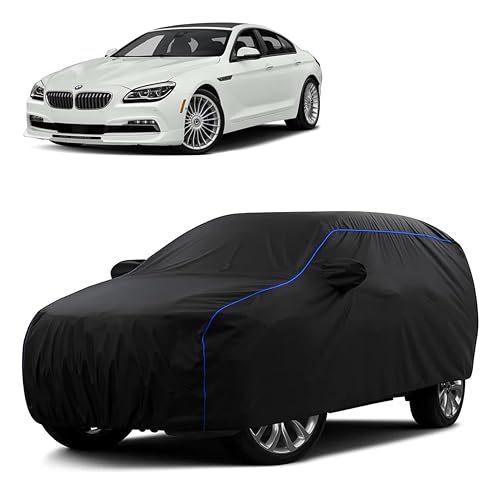 Image of Sulfar 100% Water Resistant Car Body Cover Compatible with Mirror for BMW Alpina B6 (Triple Stitched, Full Bottom Elastic, Black Tafetta with Blue Piping)