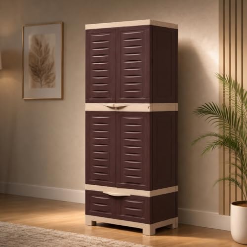 Image of Supreme Furniture Fusion 02 BDR 01 Multipurpose Plastic Cupboard | 40-Months Warranty* | 2 Door Cabinet with 1 Drawer | Spacious Shelves & Center Lock | Big Storage for Bedroom | DIY | Brown Beige