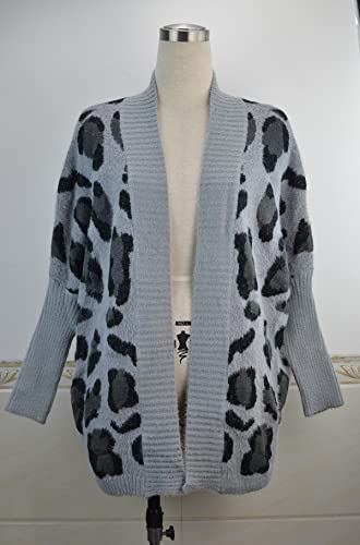 Image of Women's Long Sleeves Open Front Casual Leopard Print Fuzzy Knitted Sweater Cardigan Coat Outwear