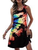 Uvog Womens Summer Dresses Casual Short Flowy Sundresses Sleeveless Tie Dye Dress with Pockets Black Rainbow,L