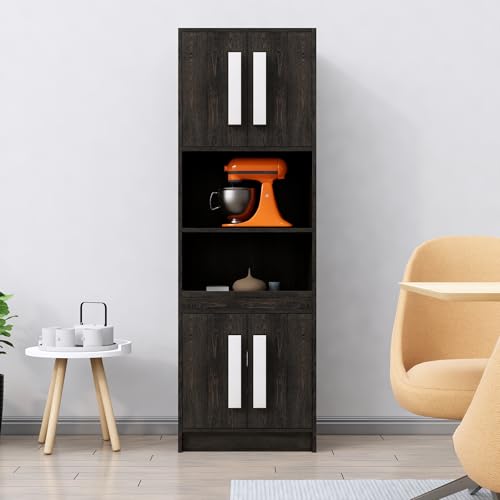Image of Bniture Multipurpose Crockery Cabinet | Engineered Wood Kitchen Cabinet Modern with 4 Doors and Open Shelves | Crockery Unit for Dining Area | Kitchen Crockery Cabinet for Home | Flower Wenge