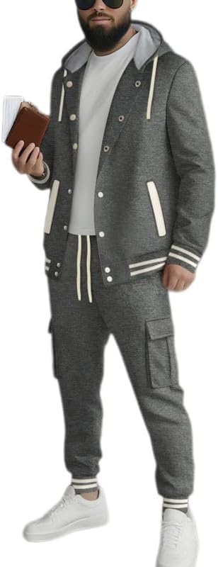 prigridche Men's Hooded Baseball Cardigan Sweatshirt Tracksuit Sets