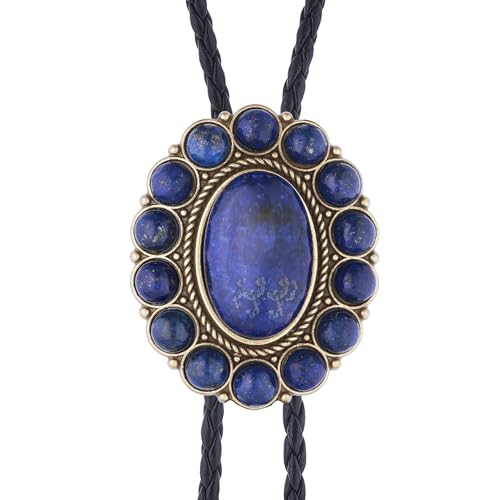 Image of GelConnie Bolo Tie for Men Women Western Cowboy Turquoise Leather Necktie | Natural Stone Bolo Tie Necklace for Women Rodeo Cowboy Leather Necktie Native American Western Cowgirl Ties Adjustable Cord
