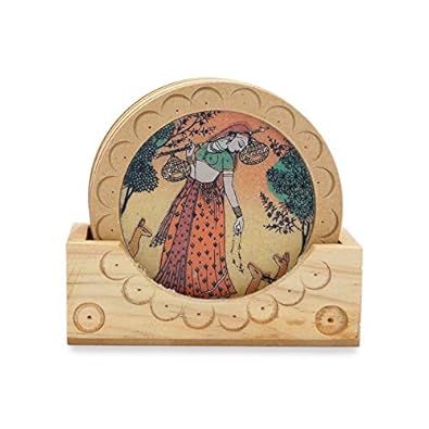 Desi Decor Wooden Tea Coasters Gemstone Monalisa Painting Tea Coasters & Trivets (Set of 6 Plate) with Stand Dining Table Serving Office Gem Stone, Wooden Handicraft, Gift, Vintage, Decorative