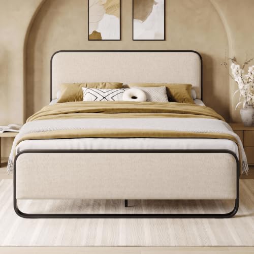 Allewie Queen Metal Bed Frame with Upholstered, Beige