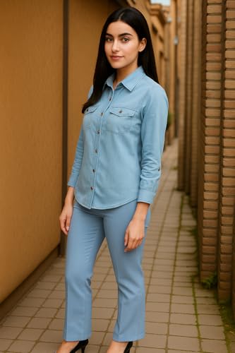 Image of Wingzss Classic Light Blue Denim Button-Down Shirt, Long Sleeve, Casual Style, Front Pockets