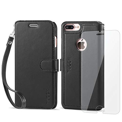 TUCCH iPhone 7 Plus Wallet Case, Magnetic PU Leather Phone Folio Case with [Credit Card Slot] Flip Stand [Wrist Strap], Carry-All Book Flip Cover Compatible with iPhone 7 Plus 5.5 Inch, Black