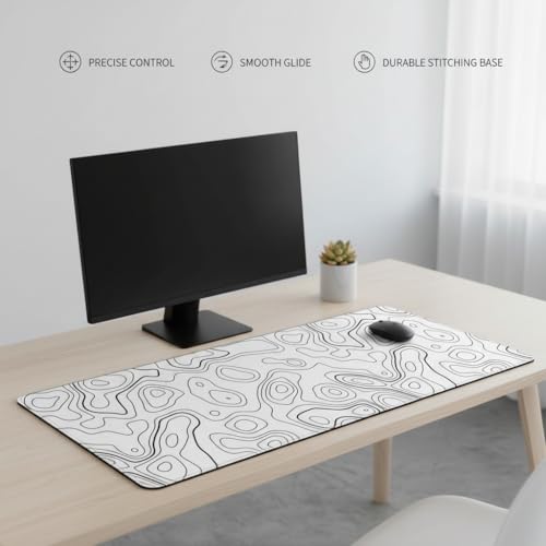 Image of White Abstract Contour Line Extended Desk Mat (305 x 813 mm) - 3mm Thick Premium Rubber Base Mouse Pad for Office, Gaming & Work Setup