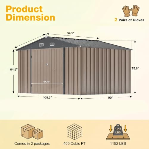 Image of Devoko 10x8 FT Outdoor Storage Shed with Floor Frame, Metal Tool Shed for Garden Backyard Patio(Brown)