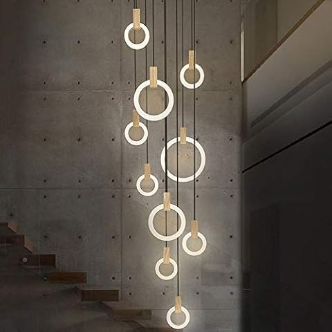 ZMH LED Ceiling Pendant Light Hanging lamp 80W 10-Ring LED Suspended lamp Decor Stair lamp Made of Wood and Acrylic Height-Adjustable lamp for Hall,Living Room,Rotating Staircase,Bedroom,Hotel,Cafe Cover