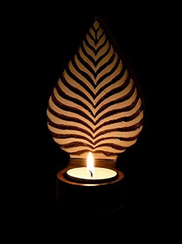 Handmade Rustic Wood Tealight Holder | Fits Counter-Top or Wall | Made From Carved Rosewood Print Block | Pine Tree Pattern | 4" (L) x 3" (W) x 5.2" (H)