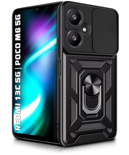 Image of WOW IMAGINE Tough Armor Bumper Mobile Back Case for Mi Redmi 13C 5G | Poco M6 5G | Sliding Camera Shield Cover | Shockproof 360 Protection | Hybrid PC + TPU | Ring Holder with Kickstand - Black