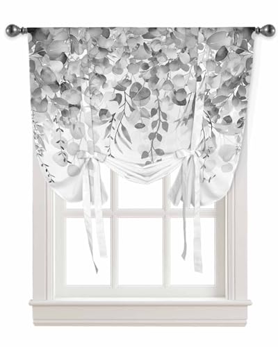 TweetyBed Tie Up Curtains for Windows Gray Eucalyptus Tie Up Balloon Shade for Bedroom Adjustable Rod Pocket Watercolor Leaves Roman Curtains Valance for Kitchen 42" W x 63" L