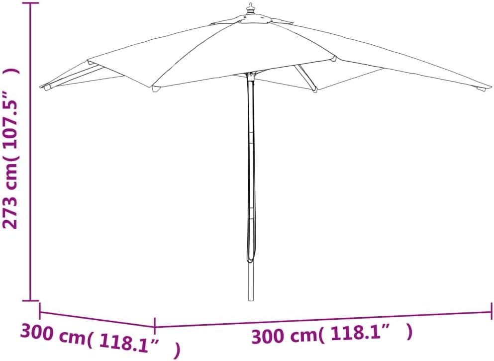Technical drawing of the vidaXL Garden Parasol with dimensions: 300 cm (118.1 inches) width and 273 cm (107.5 inches) height.