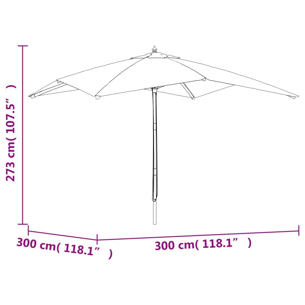Ombrellone da giardino con palo in legno, 300 x 300 x 273 cm, con protezione UV, robusto telaio in legno duro, sistema di ventilazione, doppio corda, ideale per balcone, terrazza, spiaggia
