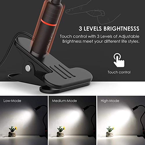 Clip on lamp, Reading Light, Clamp Desk lamp, TECKIN (AC Adapter Included) 3 Brightness Night Book Light , 360°Flexible Neck Touch Control Eye-Care Perfect for Bed Headboard Or Desk Computer - Thumbnail 2