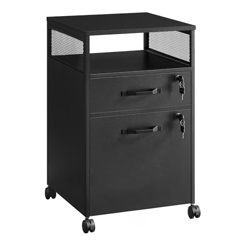 Image of VASAGLE File Cabinet, Mobile Filing Cabinet with Wheels, 2 Lockable Drawers, Open Shelf, for A4, Letter Size, Hanging File Folders, Ink Black UOFC077B16