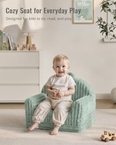Image of Blissful Diary Foldable Kids Couch, 2-in-1 Comfy Kids Chair for Reading, Playroom, Kids Couch Sofa for Girls Boys Birthday Gift, Sage Green
