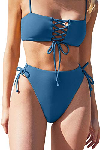 QINSEN Two Piece Swimsuit Women s Lace Up Front High Waist Tie Side Bikini Set Swimwear Cheeky Bottom S Blue